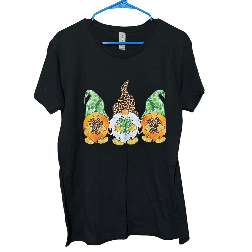 Gildan Womens St Patricks Day Gnomes Leopard Shamrock Graphic T-Shirt Black XL